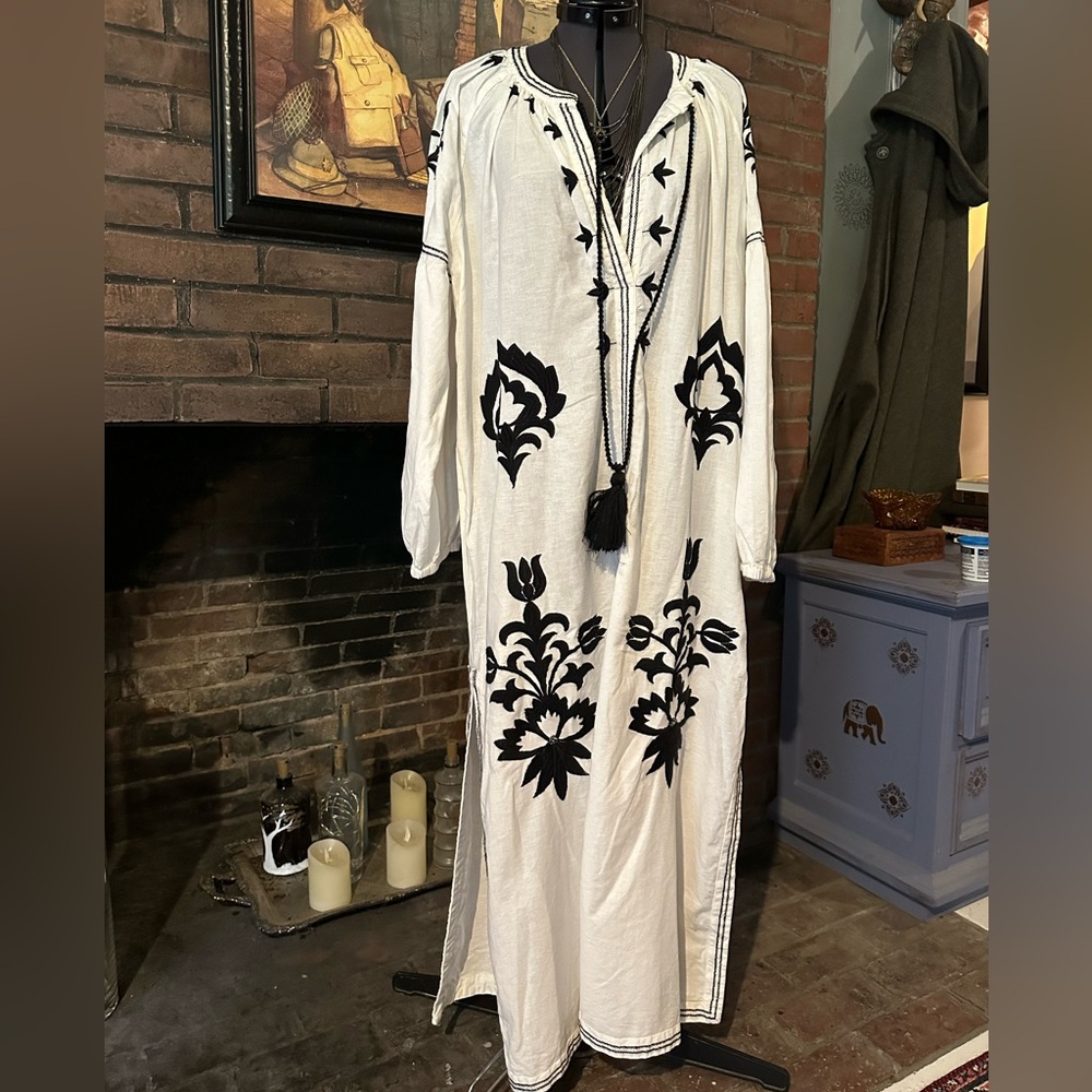 Zara white with black embroidered caftan dress or cover up large.